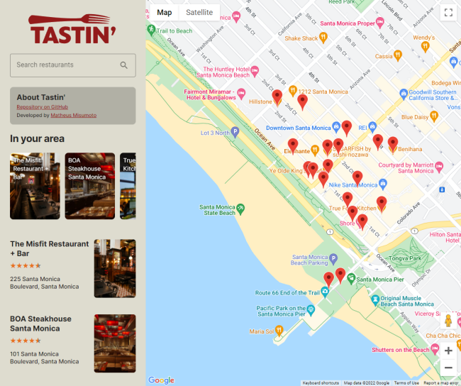 Screenshot do projeto de busca de restaurantes Tastin', desenvolvido em React