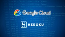 Logo do Google Cloud e do Heroku em uma montagem com registro de deploy